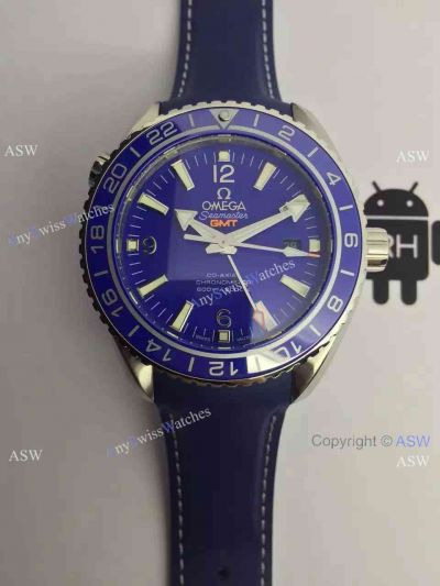  Swiss Grade Replica Omega Seamaster GMT Watch Blue Dial Black Leather